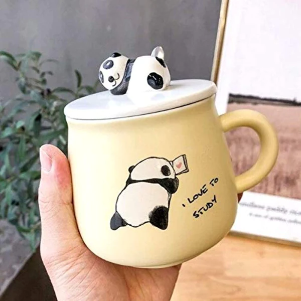 Cute Panda Mug with Lid and spoon (yellow)