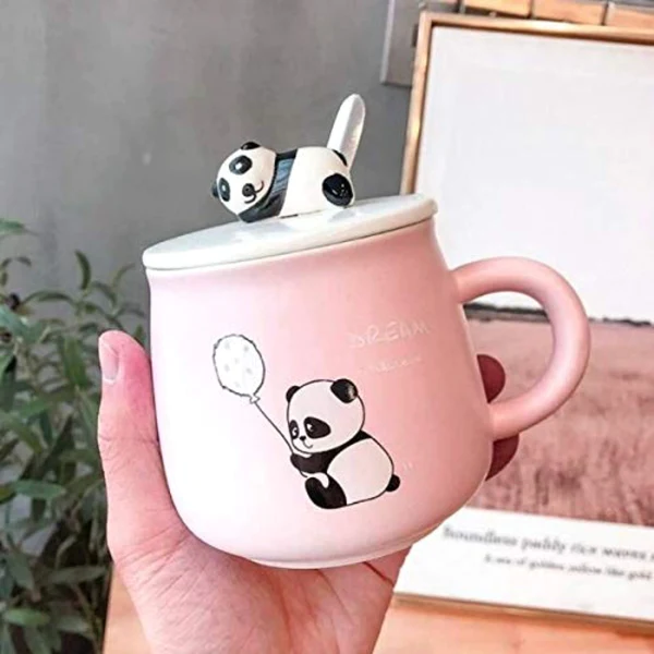 Cute Panda Mug with Lid and spoon (PINK)