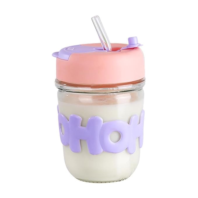 Cute Glass Cup with Dual Lid Sipper and Straw - Leak Proof/Spill Proof Tumbler | Sipper Cup with Straw | Hot & Cold Drinks Cup | - Colour Many Vary (Pack of 1)