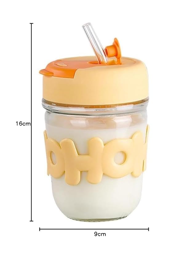 Cute Glass Cup with Dual Lid Sipper and Straw - Leak Proof/Spill Proof Tumbler | Sipper Cup with Straw | Hot & Cold Drinks Cup | - Colour Many Vary (Pack of 1)