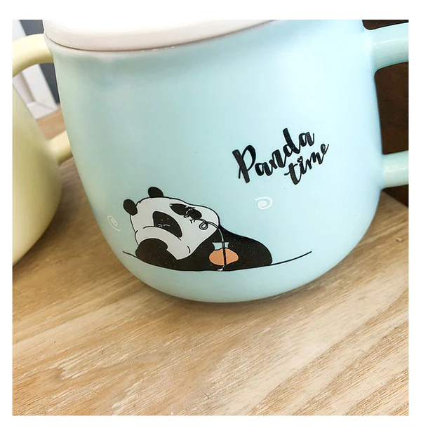 Cute Panda Mug with Lid and spoon (Green)
