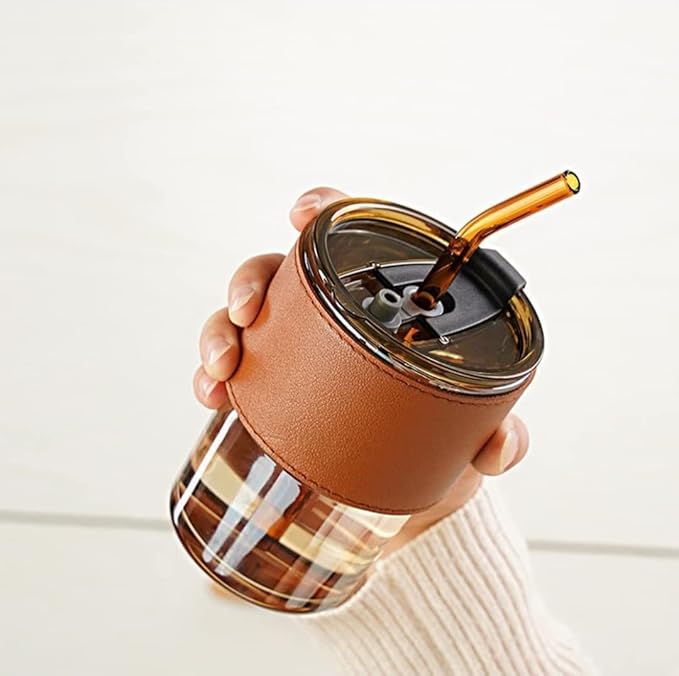 Glass Tumbler with Leather Sleeve, Amber Straw Lid, 500ml Capacity