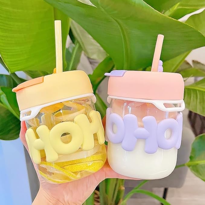Cute Glass Cup with Dual Lid Sipper and Straw - Leak Proof/Spill Proof Tumbler | Sipper Cup with Straw | Hot & Cold Drinks Cup | - Colour Many Vary (Pack of 1)