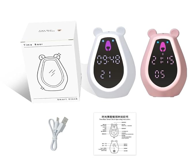 Adorable Bear Alarm Clock with Digital Mirror & Gesture Sensing Makeup Light – Snooze Mode & Voice Control Function