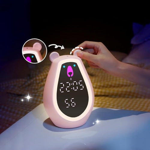 Adorable Bear Alarm Clock with Digital Mirror & Gesture Sensing Makeup Light – Snooze Mode & Voice Control Function