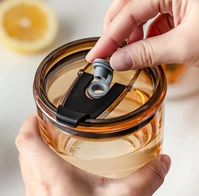 Glass Tumbler with Leather Sleeve, Amber Straw Lid, 500ml Capacity
