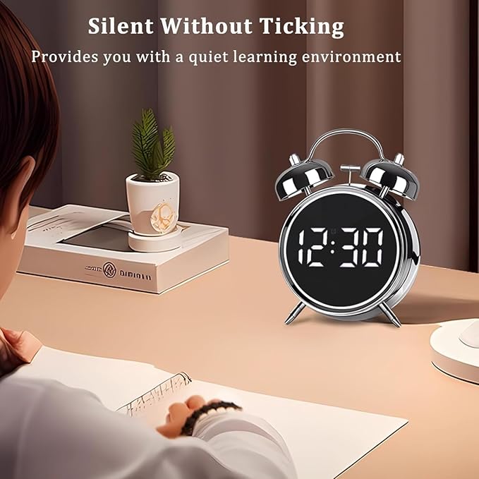 Alarm Clock for Heavy Sleepers, Digital Clock, Alarm Clock for Students with Adjustable Brightness, Snooze Function, Temperature & Touch to Wake (Silver), 3.81 cm