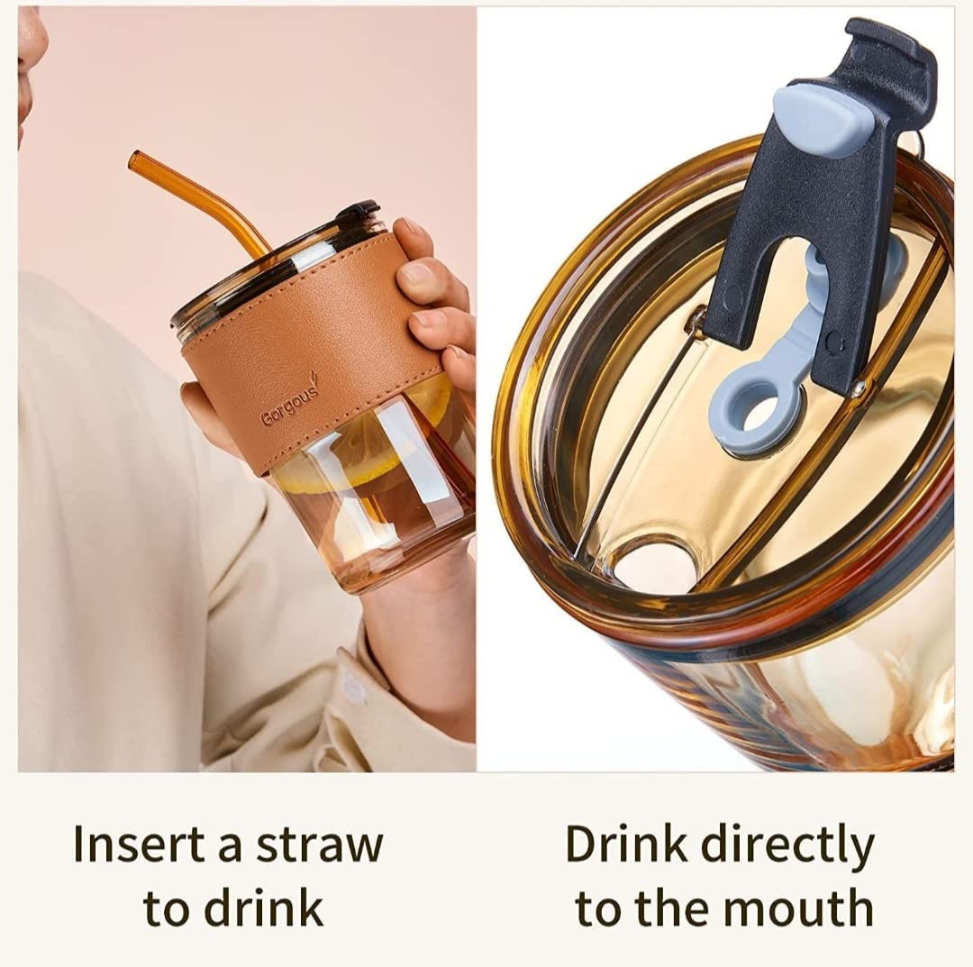 Glass Tumbler with Leather Sleeve, Amber Straw Lid, 500ml Capacity