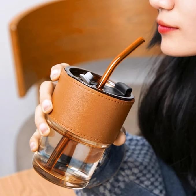 Glass Tumbler with Leather Sleeve, Amber Straw Lid, 500ml Capacity