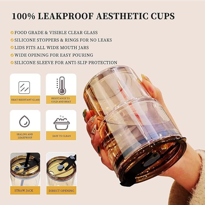 Glass Tumbler with Leather Sleeve, Amber Straw Lid, 500ml Capacity