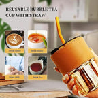 Glass Tumbler with Leather Sleeve, Amber Straw Lid, 500ml Capacity
