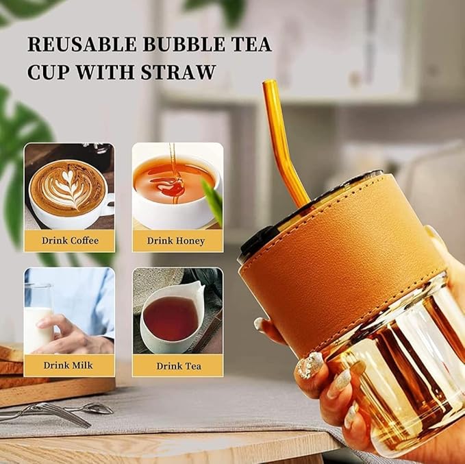 Glass Tumbler with Leather Sleeve, Amber Straw Lid, 500ml Capacity