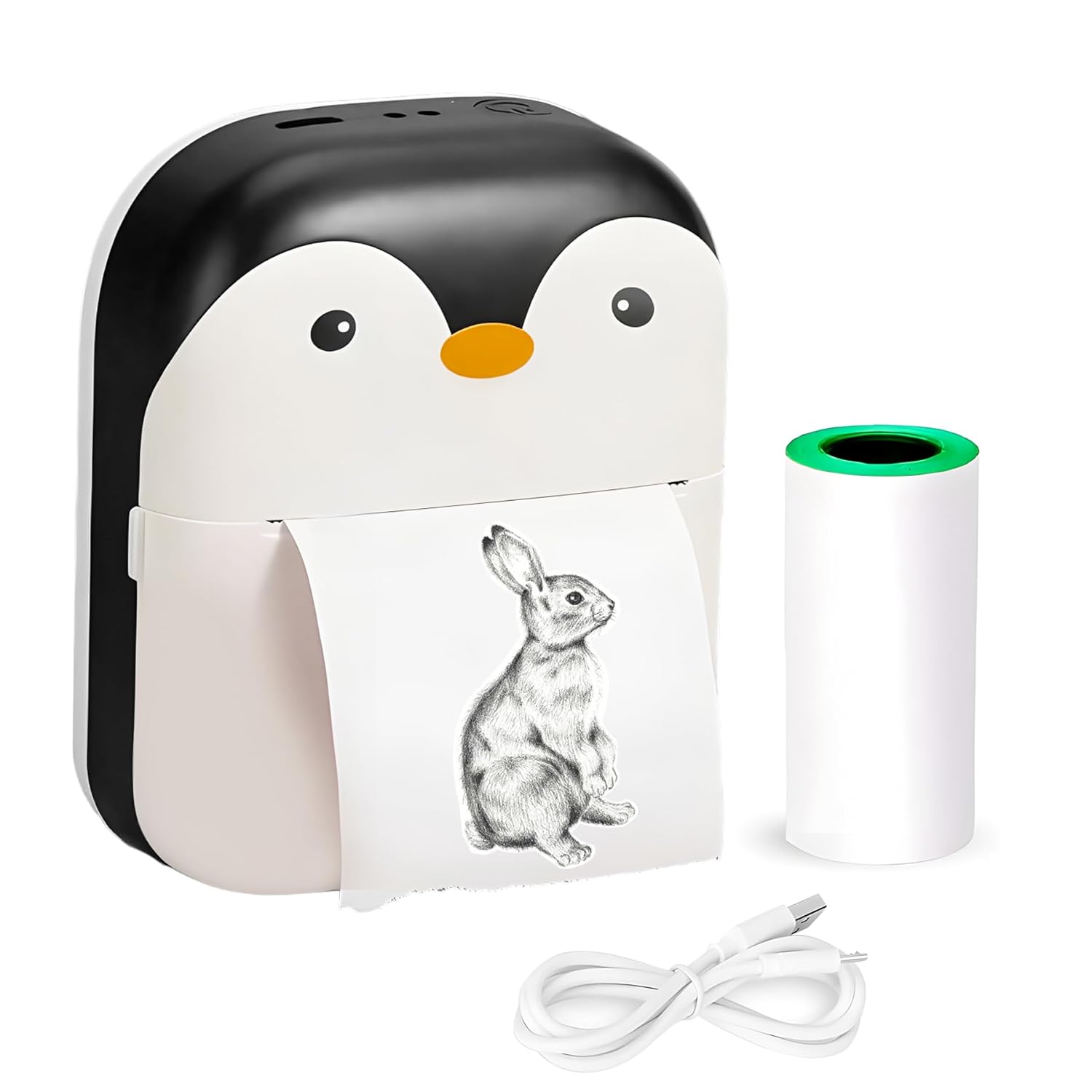 Pickitt Penguin Design Mini Portable Printer, Wireless Bluetooth Connectivity for Android & iOS System, Inkless Black and White Thermal Printer with Printing Paper Roll
