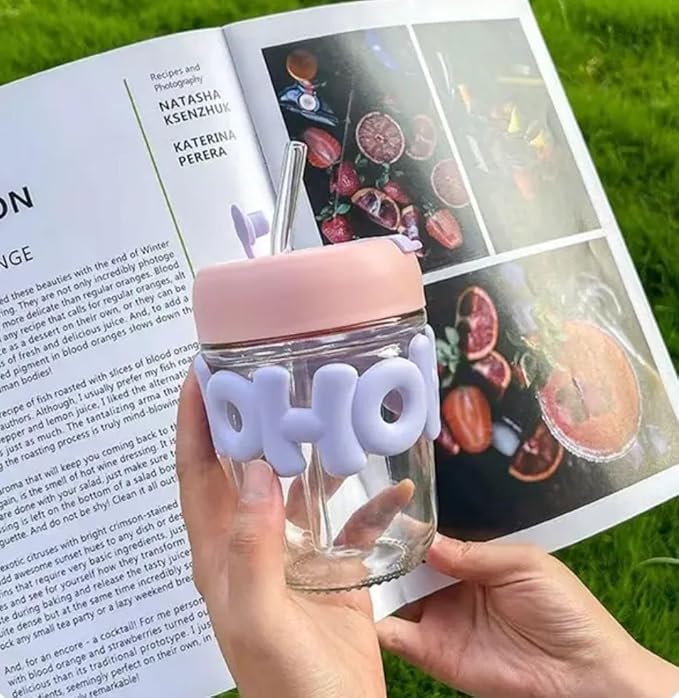 Cute Glass Cup with Dual Lid Sipper and Straw - Leak Proof/Spill Proof Tumbler | Sipper Cup with Straw | Hot & Cold Drinks Cup | - Colour Many Vary (Pack of 1)