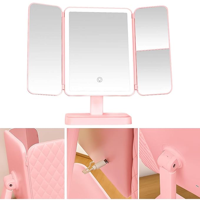 3X Trifold Makeup Mirror with Adjustable LED Lights  (pink)