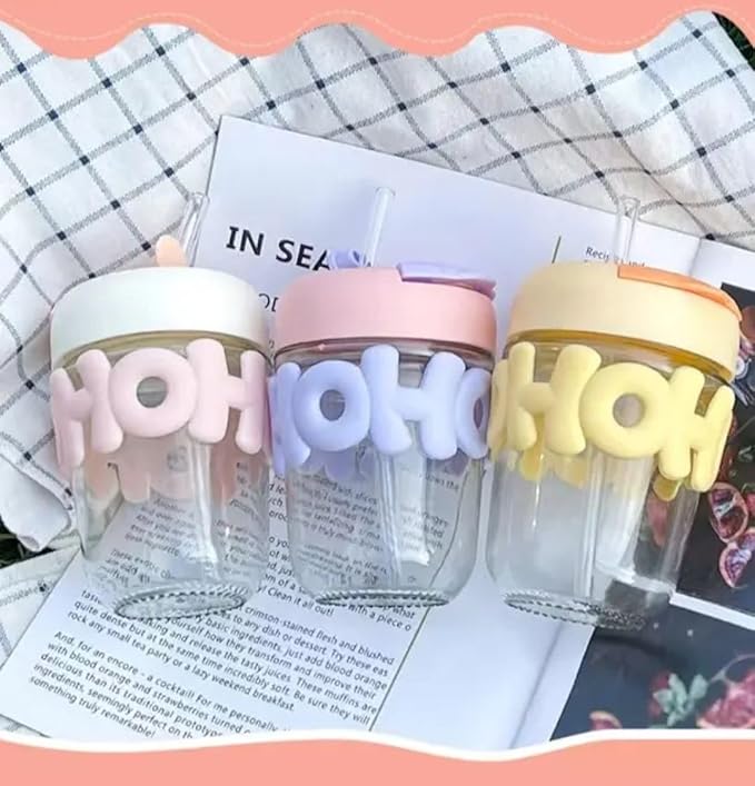 Cute Glass Cup with Dual Lid Sipper and Straw - Leak Proof/Spill Proof Tumbler | Sipper Cup with Straw | Hot & Cold Drinks Cup | - Colour Many Vary (Pack of 1)