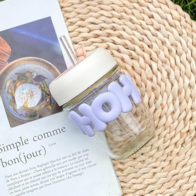 Cute Glass Cup with Dual Lid Sipper and Straw - Leak Proof/Spill Proof Tumbler | Sipper Cup with Straw | Hot & Cold Drinks Cup | - Colour Many Vary (Pack of 1)