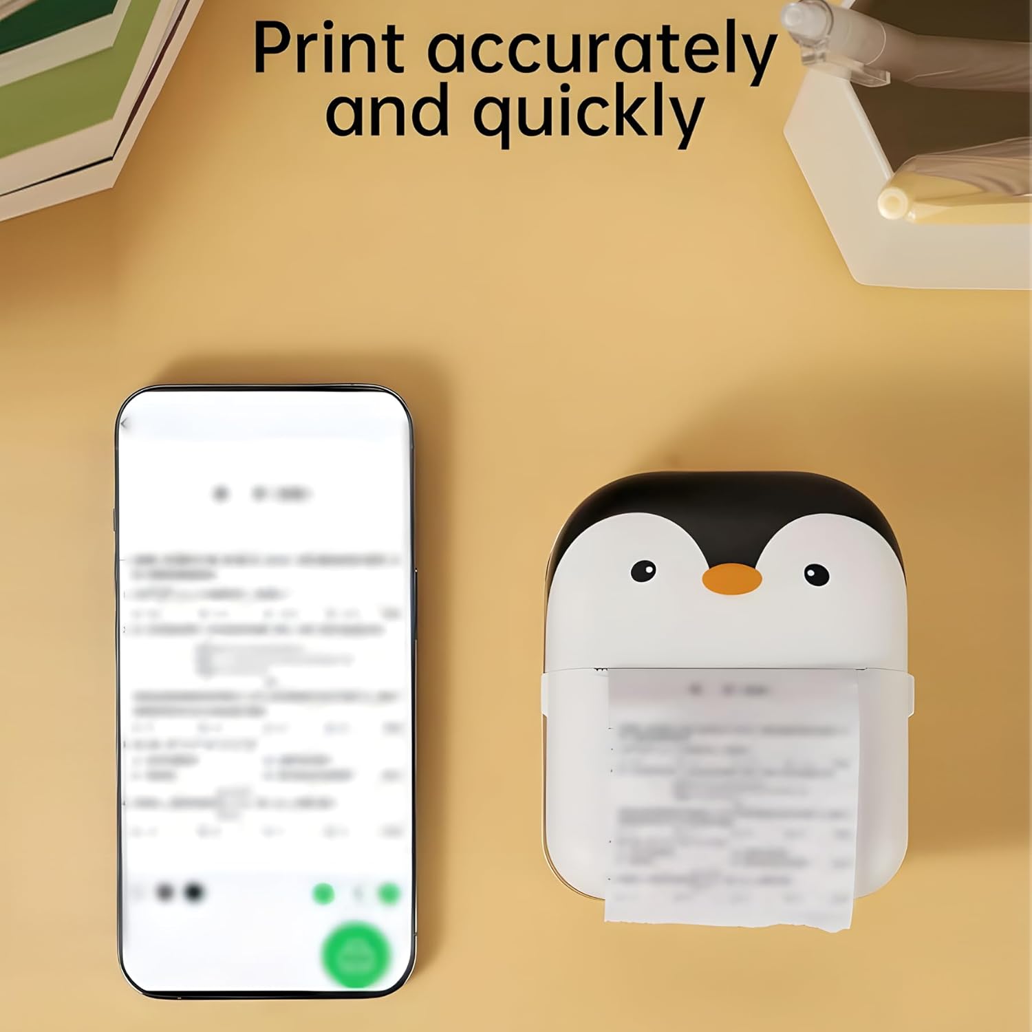 Pickitt Penguin Design Mini Portable Printer, Wireless Bluetooth Connectivity for Android & iOS System, Inkless Black and White Thermal Printer with Printing Paper Roll