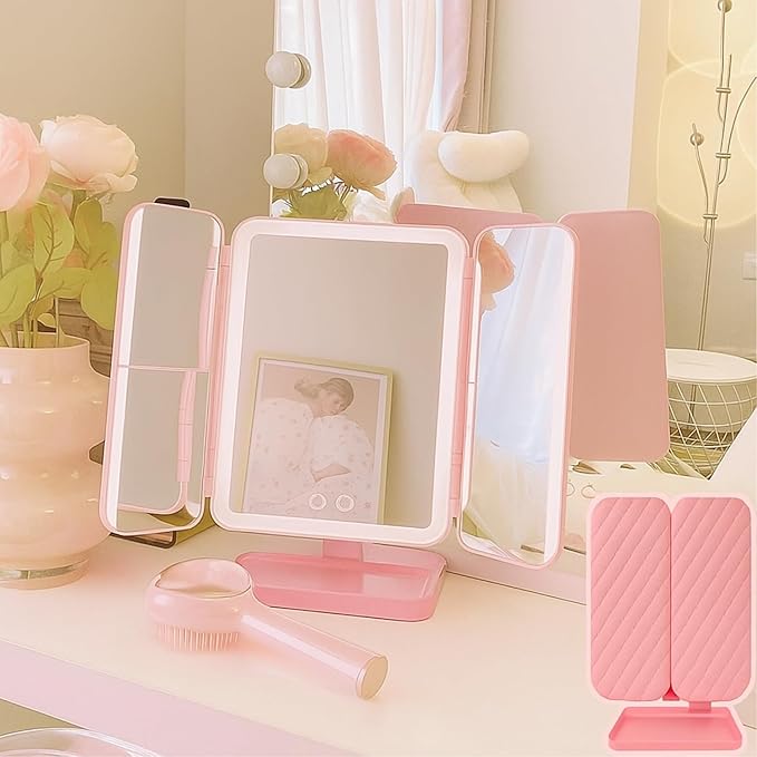 3X Trifold Makeup Mirror with Adjustable LED Lights  (pink)