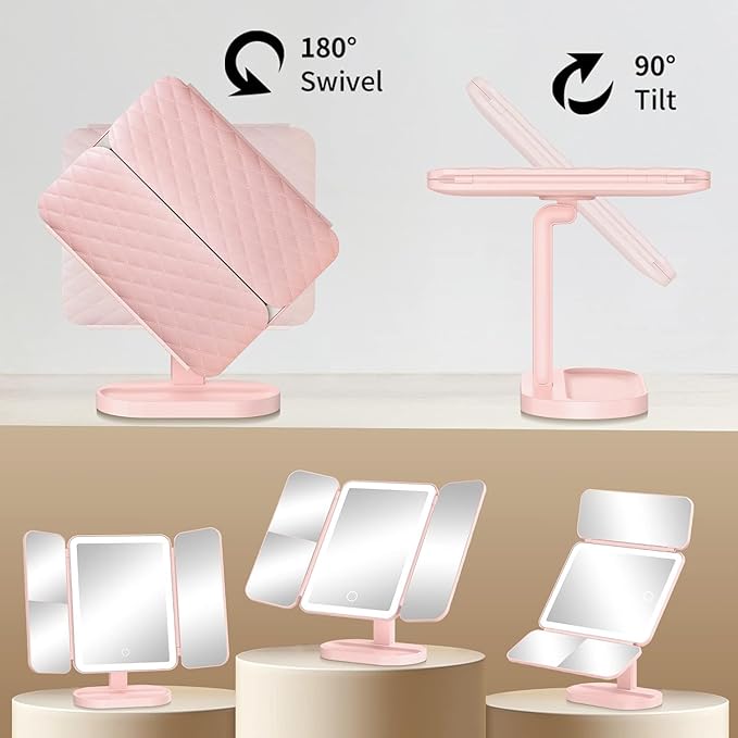 3X Trifold Makeup Mirror with Adjustable LED Lights  (pink)
