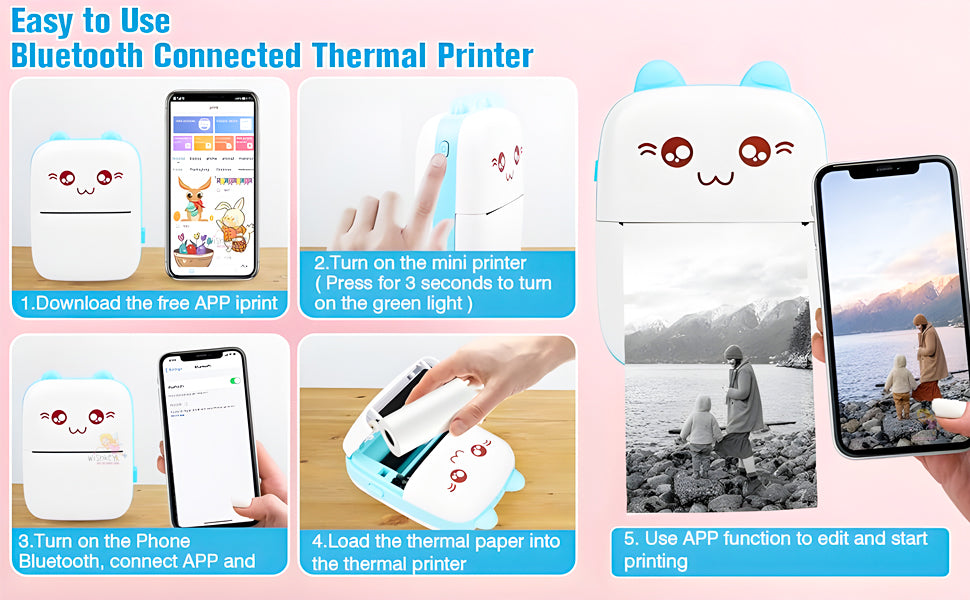 Pickitt Penguin Design Mini Portable Printer, Wireless Bluetooth Connectivity for Android & iOS System, Inkless Black and White Thermal Printer with Printing Paper Roll