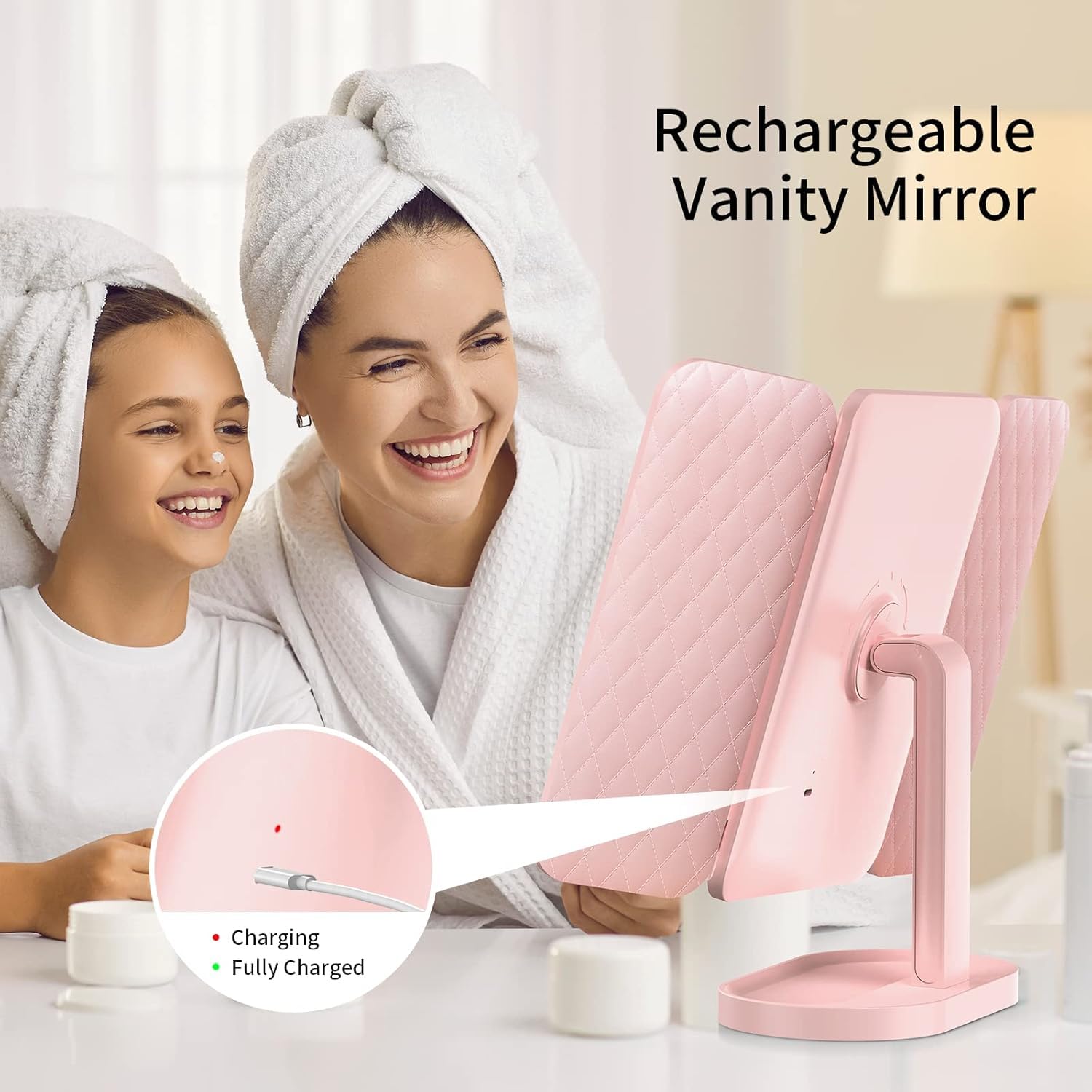 3X Trifold Makeup Mirror with Adjustable LED Lights  (pink)