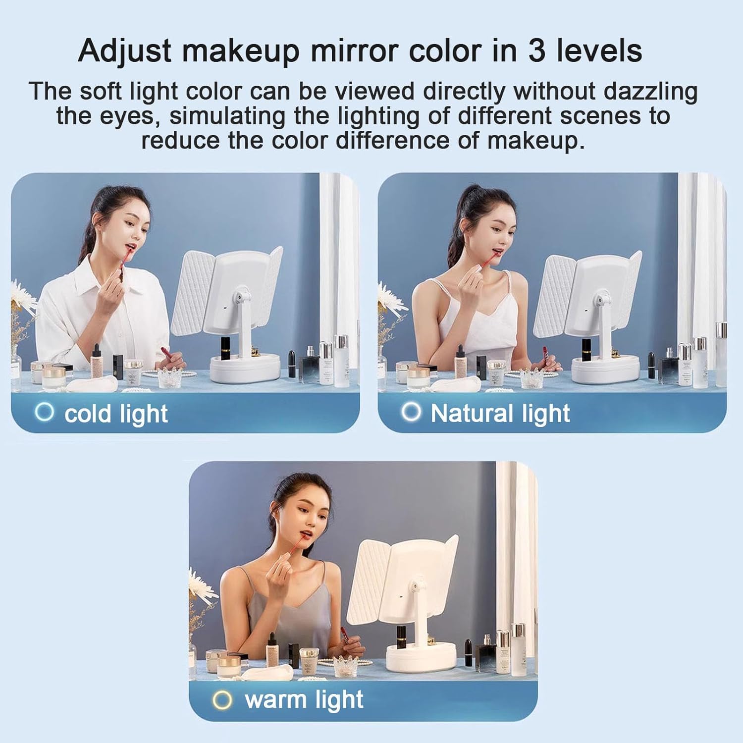 3X Trifold Makeup Mirror with Adjustable LED Lights  (pink)