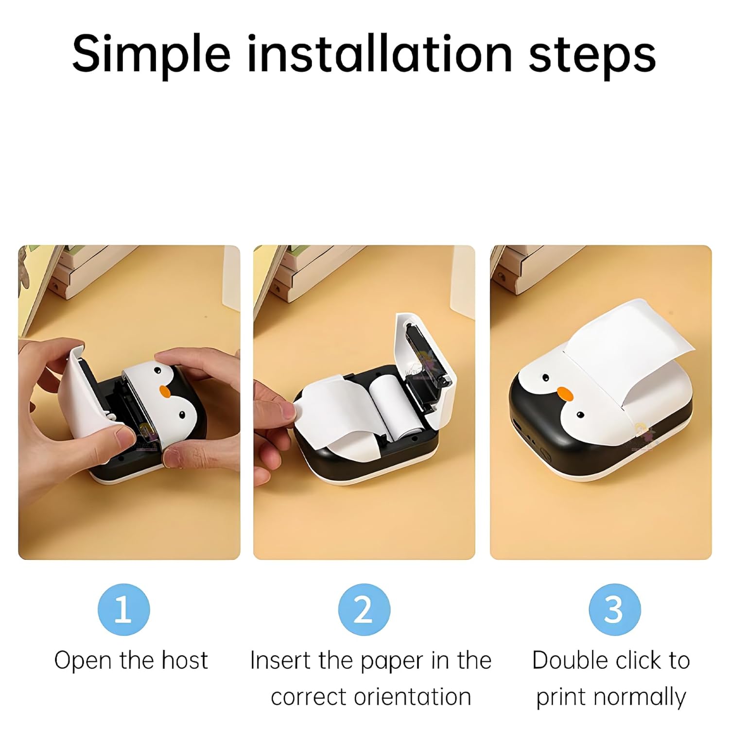 Pickitt Penguin Design Mini Portable Printer, Wireless Bluetooth Connectivity for Android & iOS System, Inkless Black and White Thermal Printer with Printing Paper Roll