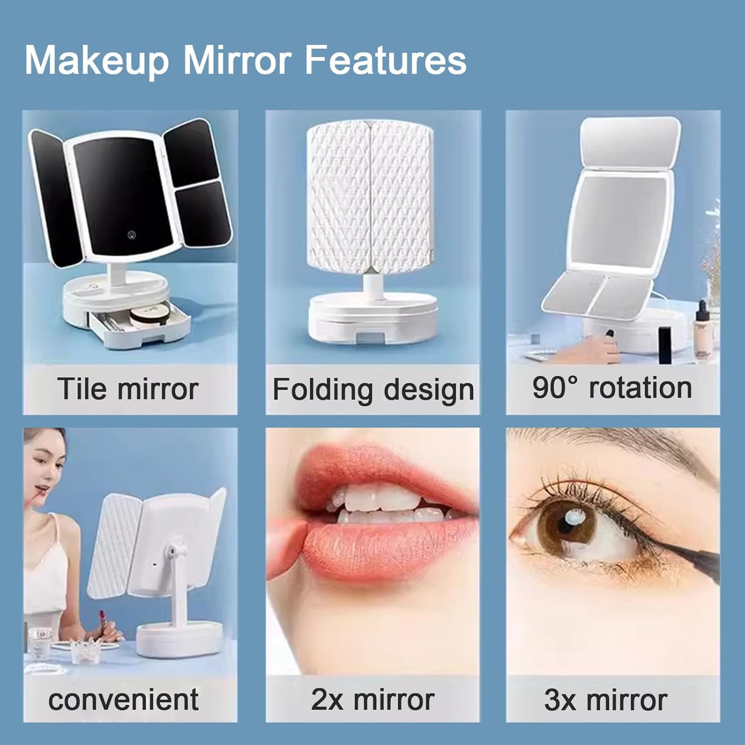 3X Trifold Makeup Mirror with Adjustable LED Lights  (pink)