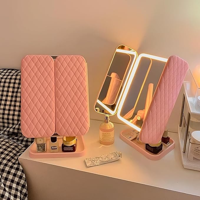 3X Trifold Makeup Mirror with Adjustable LED Lights  (pink)