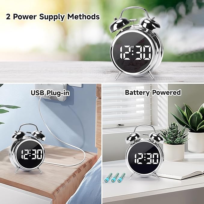 Alarm Clock for Heavy Sleepers, Digital Clock, Alarm Clock for Students with Adjustable Brightness, Snooze Function, Temperature & Touch to Wake (Silver), 3.81 cm