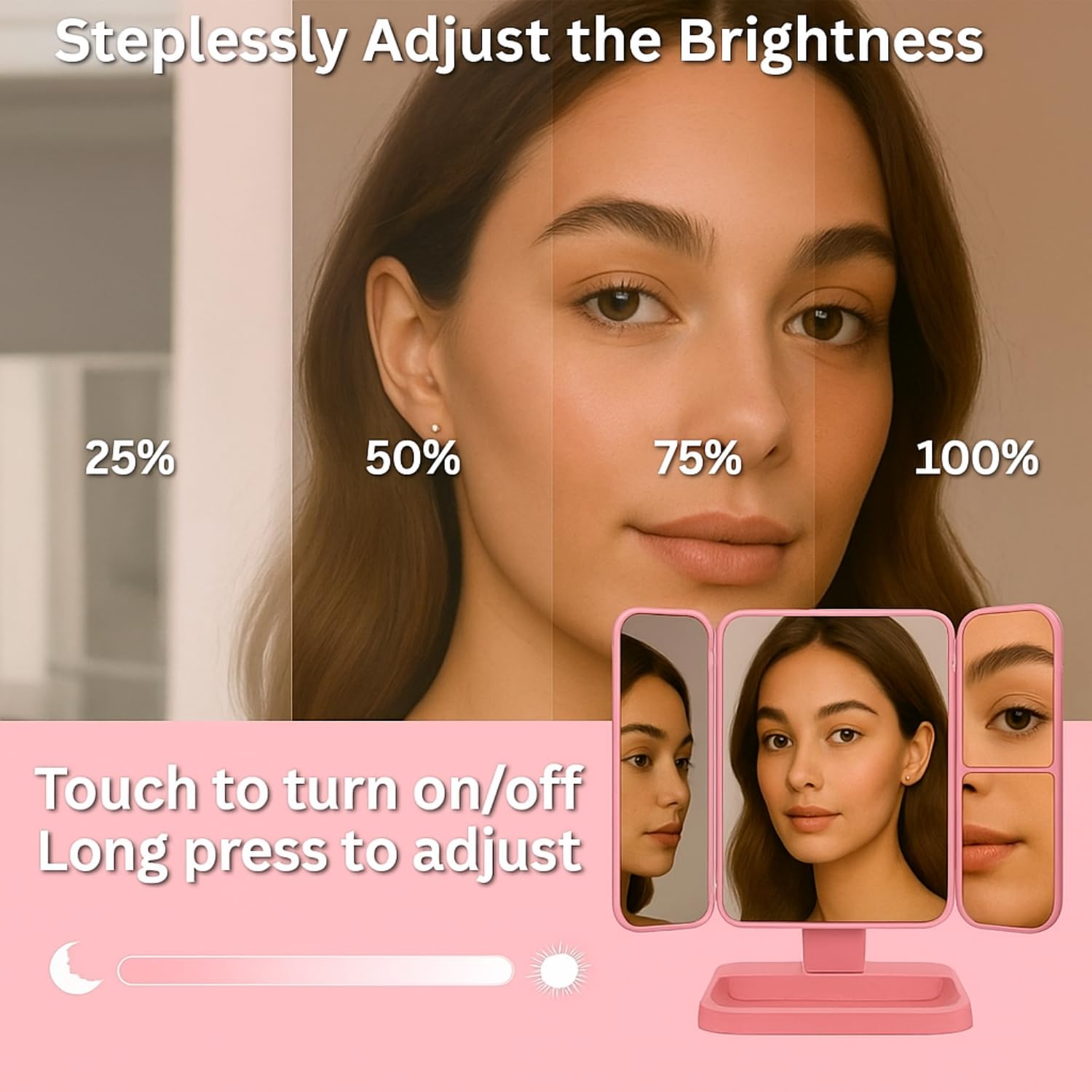 3X Trifold Makeup Mirror with Adjustable LED Lights  (pink)