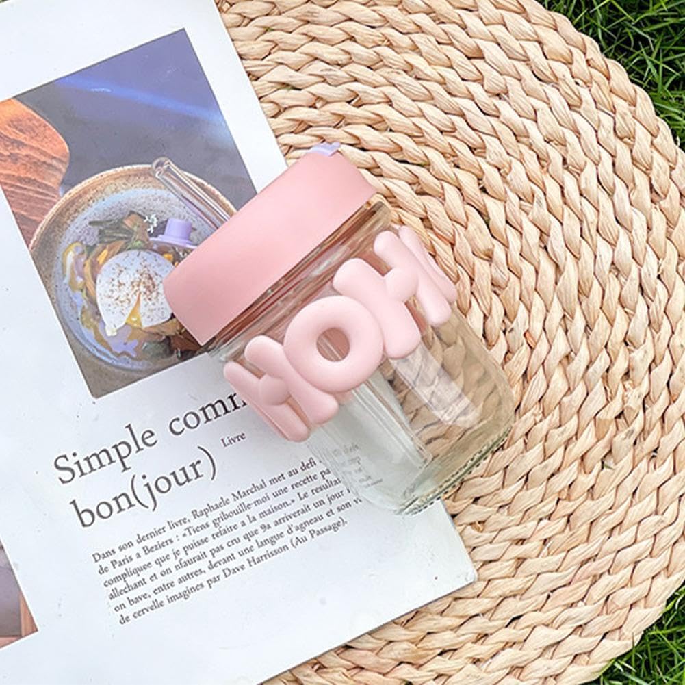 Cute Glass Cup with Dual Lid Sipper and Straw - Leak Proof/Spill Proof Tumbler | Sipper Cup with Straw | Hot & Cold Drinks Cup | - Colour Many Vary (Pack of 1)
