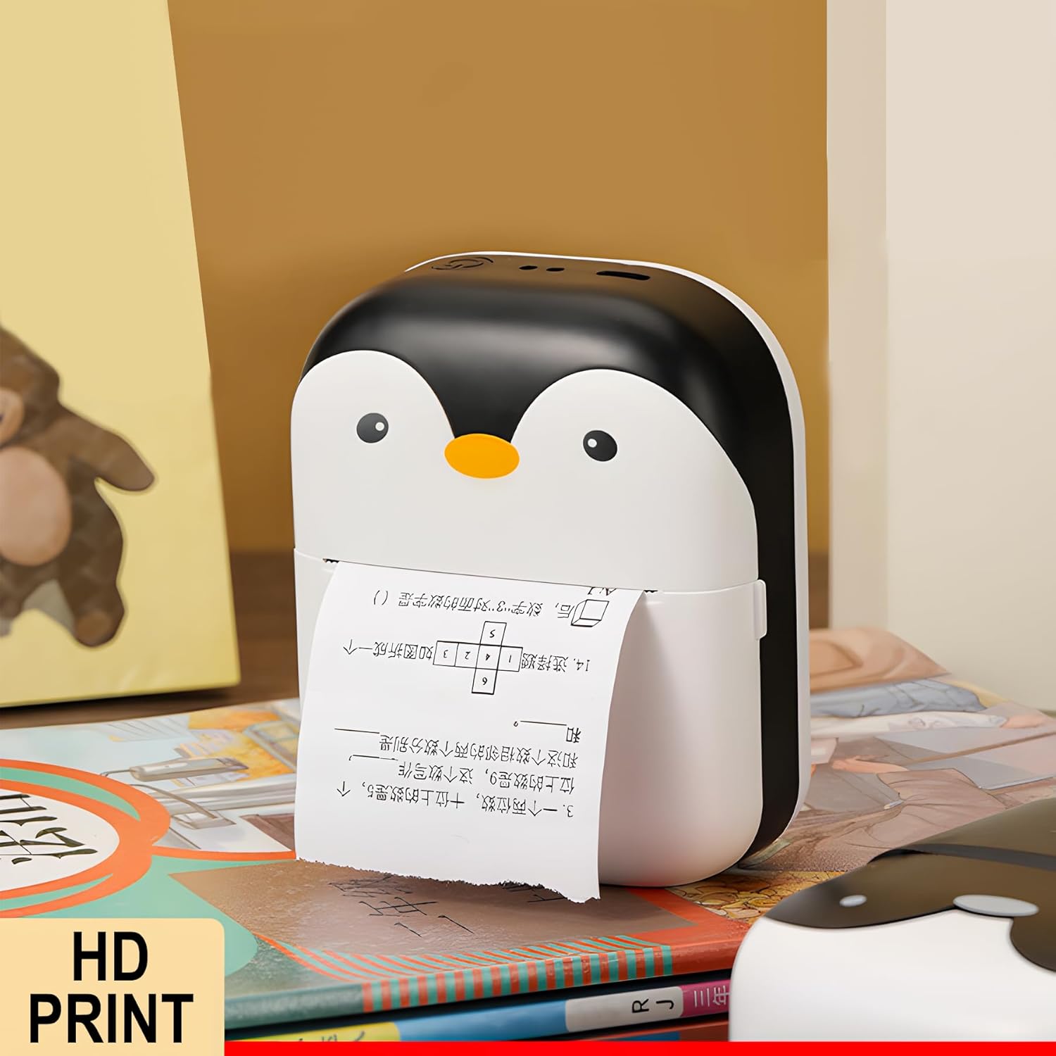 Pickitt Penguin Design Mini Portable Printer, Wireless Bluetooth Connectivity for Android & iOS System, Inkless Black and White Thermal Printer with Printing Paper Roll