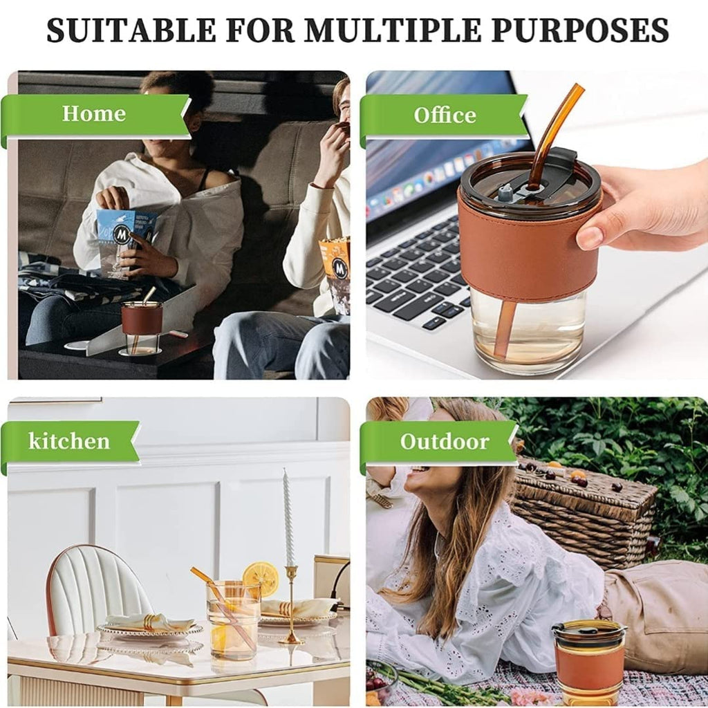 Glass Tumbler with Leather Sleeve, Amber Straw Lid, 500ml Capacity