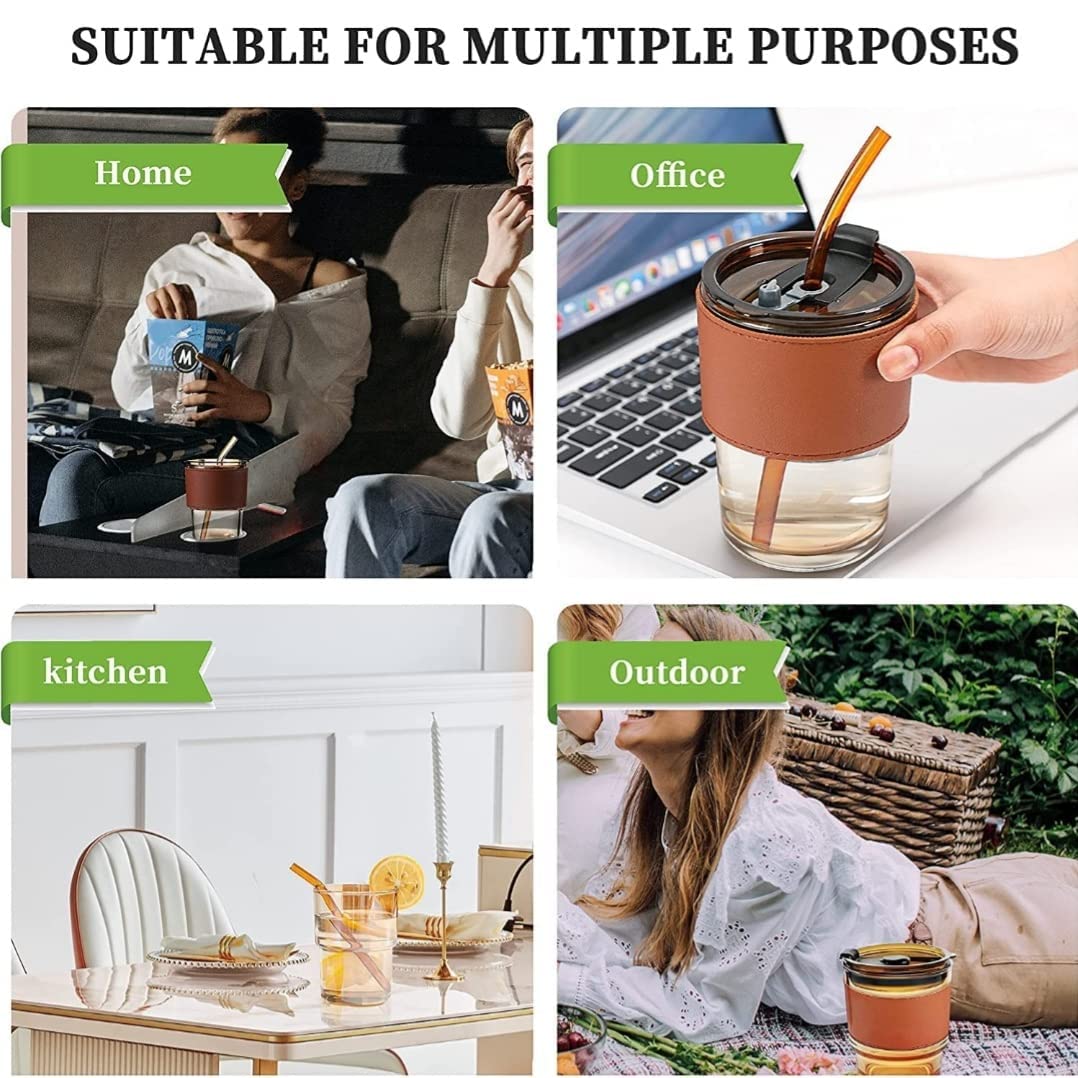 Glass Tumbler with Leather Sleeve, Amber Straw Lid, 500ml Capacity