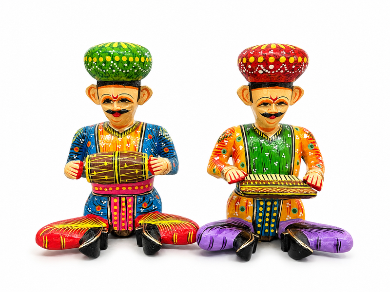 Handcrafted Rajasthani Wooden Folk Musician Figurines (Set of 2)