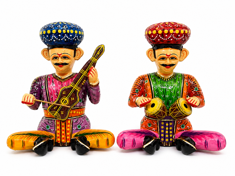 Handcrafted Rajasthani Wooden Folk Musician Figurines (Set of 2)