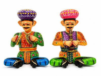 Handcrafted Rajasthani Wooden Folk Musician Figurines (Set of 2)