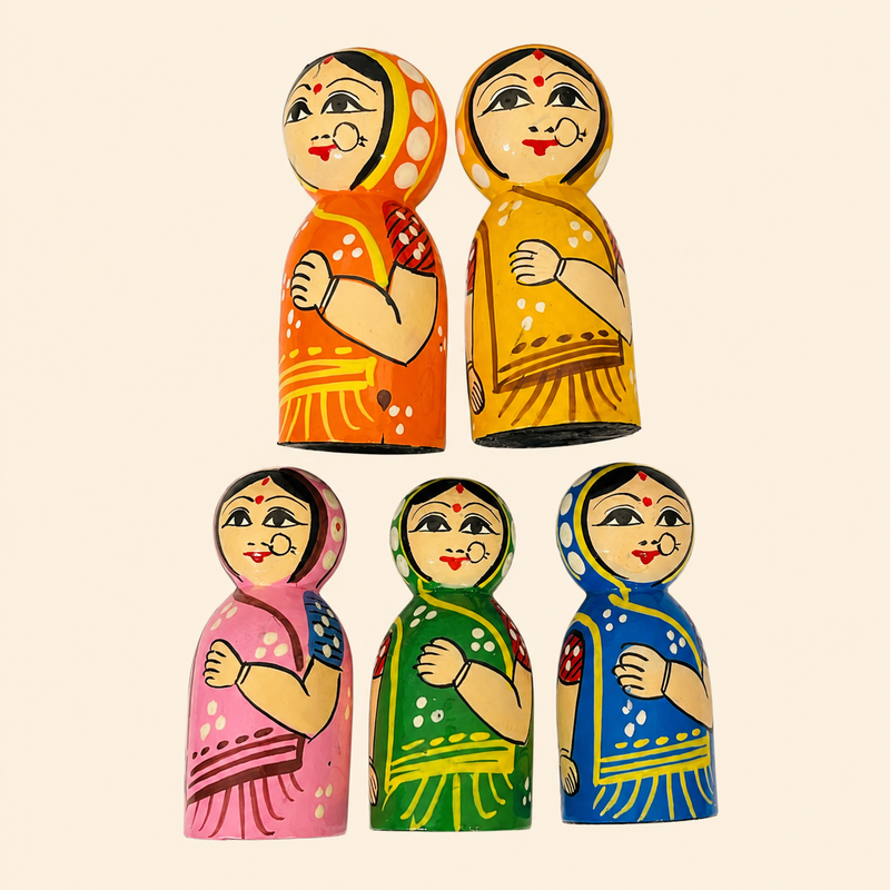 Handcrafted Wooden Lady Fridge Magnets – Set of 5