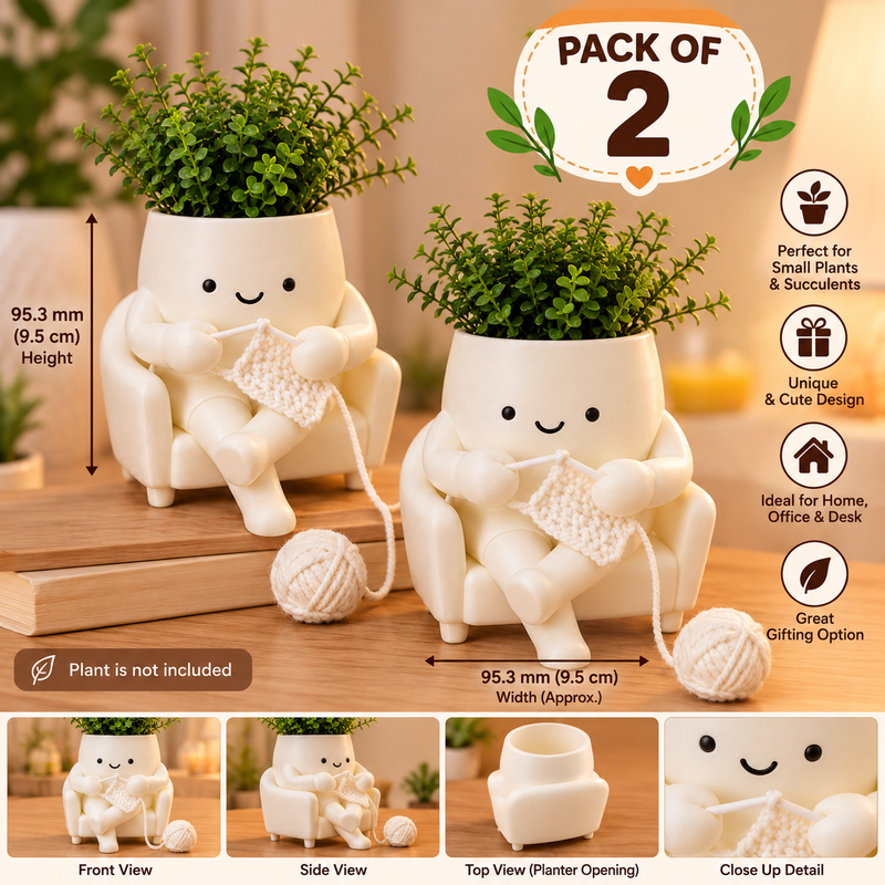 Cute Knitting Planter – Sitting Character Plant Pot PACK OF 2  (PREPAID ONLY)
