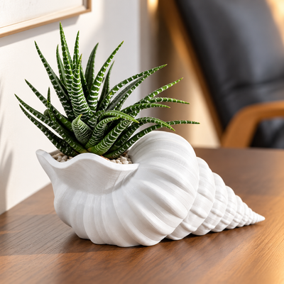 Seashell Flower Pot – Silk White | Decorative Conch Shell Planter | 24.5 cm