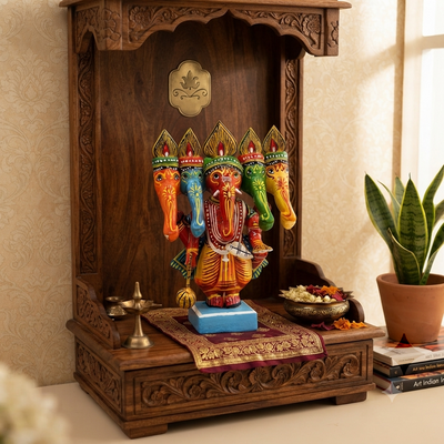 Wooden Hand-Painted Panchmukhi Ganesha Idol Showpiece  (PREPAID ONLY)