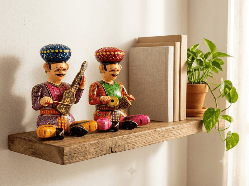 Handcrafted Rajasthani Wooden Folk Musician Figurines (Set of 2) - PICKITT MARKET