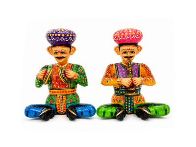Handcrafted Rajasthani Wooden Folk Musician Figurines (Set of 2) - PICKITT MARKET