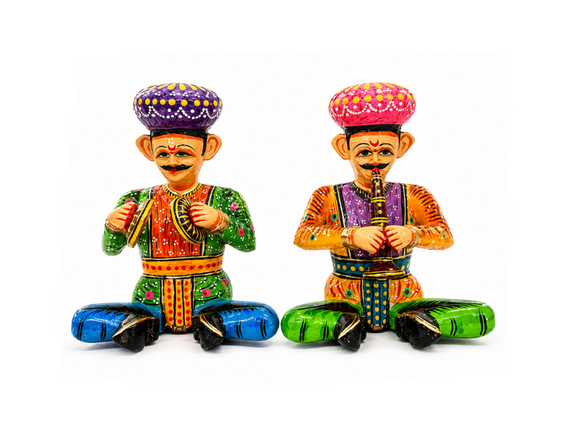 Handcrafted Rajasthani Wooden Folk Musician Figurines (Set of 2) - PICKITT MARKET