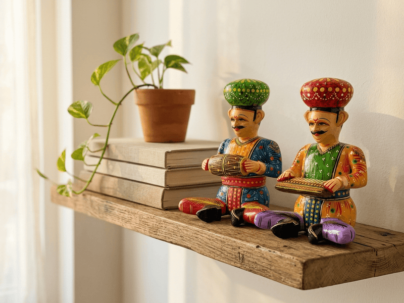 Handcrafted Rajasthani Wooden Folk Musician Figurines (Set of 2) - PICKITT MARKET