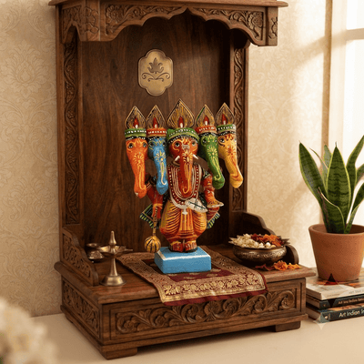 Wooden Hand-Painted Panchmukhi Ganesha Idol Showpiece (PREPAID ONLY) - PICKITT MARKET