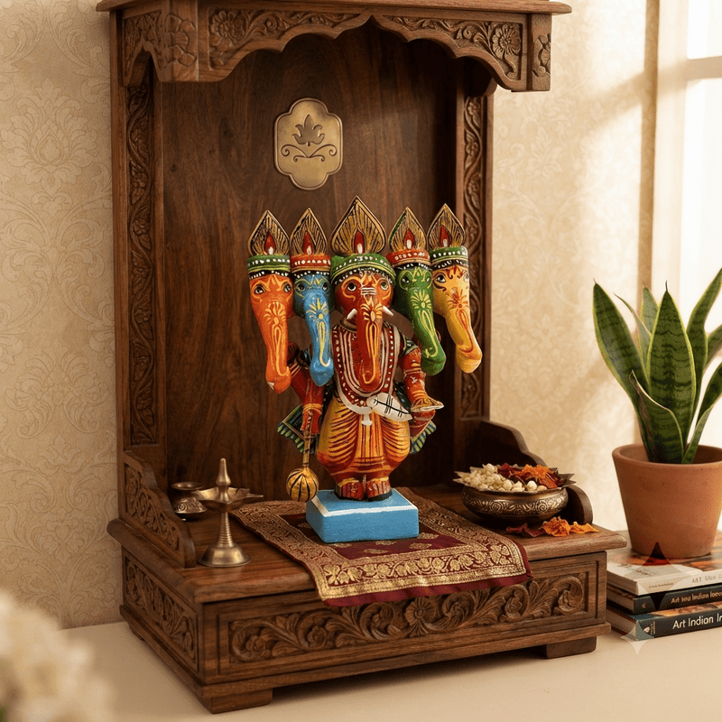 Wooden Hand-Painted Panchmukhi Ganesha Idol Showpiece (PREPAID ONLY) - PICKITT MARKET